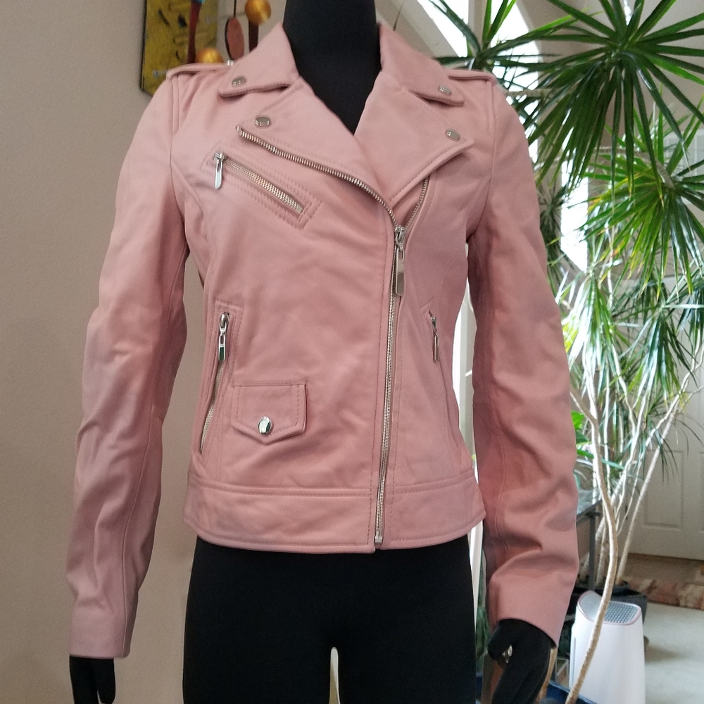 Wilsons Luxe Leather Moto Jacket Vintage Style Dusty Pink Silver Tone Hdwr S NWT - Picture 14 of 14